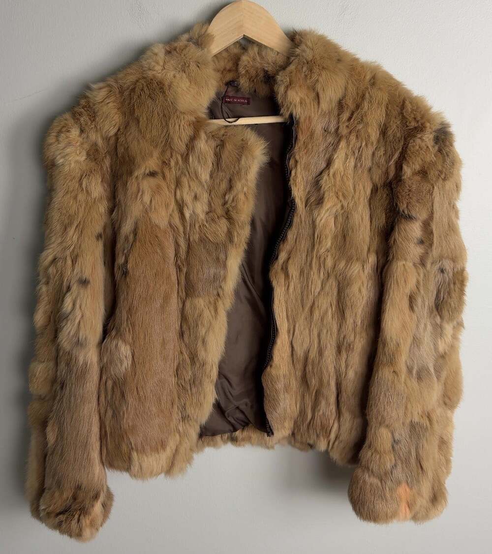 Vintage Rabbit Fur Jacket Tan Brown Zip Front Made In Korea Women’s